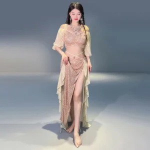 Shiny Sequins Belly Dance Costume Mermaid 2 Pieces Crop Top & Slit Skirt Set Dance Outfit For Women