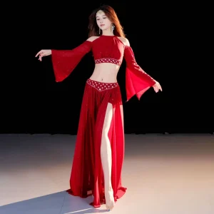 Shiny Women Long Sleeved Belly Dance Two Piece Set Oriental Double Side Slit Belly Dance Costume Performance Dancewear
