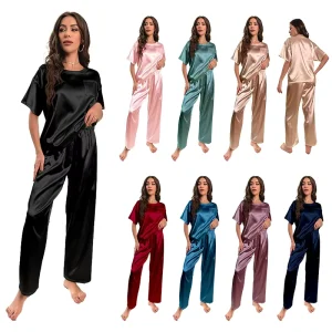 Short Sleeve Shirt with Long Pant Sleepwear Soft Pjs Loungewear for Women Satin Pajamas Set