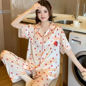 Silk Satin Nightgown Sets Woman Ladies Short sleeve Nightshirt pink Nighty Nightwear Pajamas Set for Women