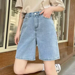 Simple Casual Denim Shorts Women’s Summer Thin Large Size High Waist Loose Fashionable Wrinkle Free Wide Leg Pants Chubby Girls