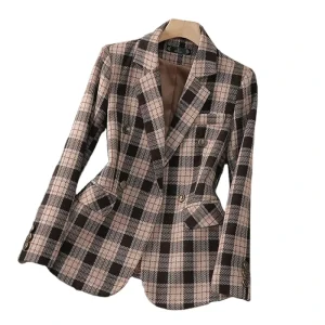 Simple Elegant Women’s 2 Piece Woolen Suit Brown & Navy Check Blazer With High Waisted Skirt & Button Decoration Formal & Casual