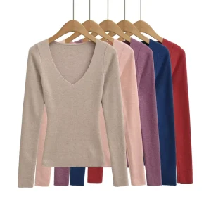 Skinny Long-Sleeved T-Shirt Women’s Sexy Slim Fit Stand Collar Solid Color Stretch Formal Top