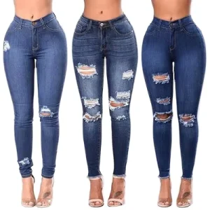 Skinny Spring High Quality Breathable Elastic Ripped Casual Solid Pencil Pants Womens Denim Jeans