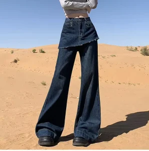 Skirt Overlay Mid Waisted Flare Breathable Jeans for Women Streetwear Dark Wash Denim Bottoms