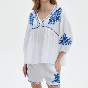 Sleepwear Women’s Floral Embroidery Breathable Long Sleeve V Neck Blouse Shorts Pleated Homewear Pajamas 2 Piece Set