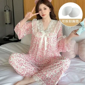 Sleepwear with Chest Cushion Spring and Autumn Sweet Lace Loose Print Set Mesh Women Pajamas Lounge Wear