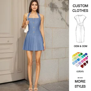 Sleeveless Halter Solid Color Pleated Woven Button Women’s Backless Midi Dress High Waist Slim Fit Breathable Spring Summer