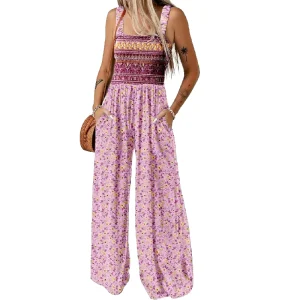 Sleeveless Printed Wide Leg Long Pant Rompers Women’s Casual Loose Smocked One Piece Overalls Jumpsuits With Pockets