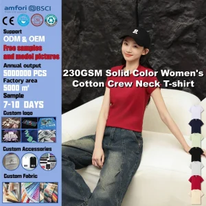 Slim Fit Slimming 230GSM Solid Color Women’s Cotton Crew Neck T-shirt Blank Shirt Customizable LOGO Short Sleeve Top