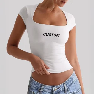 Slim Fit Solid Color Breathable Knitted Tee Plain Dyed Women’s Heart Collar Short Sleeve Casual T-Shirts