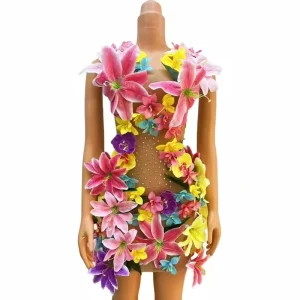Slim Sexy Women’s Evening Dress With flowers Sleeveless eves Deep V Neck Crystal & Feather Decorations for Adults