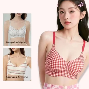 Small Chest Gathering Making It Look Bigger Printed Red White Plaid Gothic Women’s Underwear C Cup Preventing Sagging Wire Free