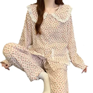 Small Floral Women’s Pajamas Spring Autumn Long Sleeve Breathable Pants 2 piece Home Wear Set