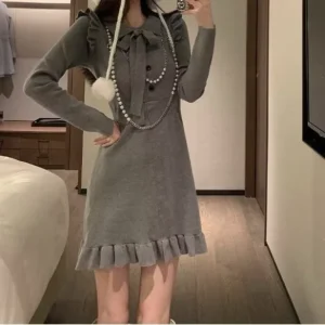 Small Height Tight Waist Slimming A-Line Solid Inner Knitted Dress Women’s Autumn Winter Elegant