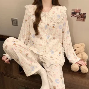 Soft Cartoon Lace Babydoll Long sleeved Pajamas Blue Printed Cotton Long sleeved Pajamas Feminine Cozy Home Wear for Women