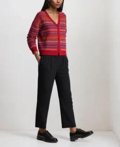 Soft Comfortable ODM OEM Striped Jacquard Design Red Long Length Loose Knitted Top Women’s Cardigan