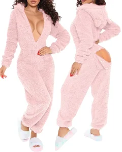 Soft Home Wear Women’s Pajamas Onesie Sexy V Neck Butt Flap Jumpsuits Rompers Bodycon Bodysuits Winter Warm Sleepwear