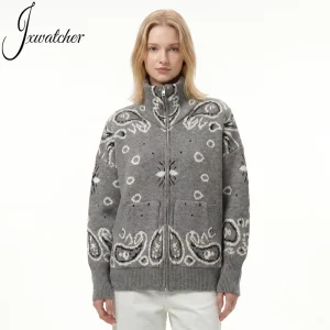 Soft Long Sleeves Turtleneck Knitted Coat Cardigan Pocket Custom Autumn Jacquard Knit Sweater Zipper For Women