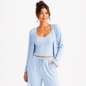 Soft Pastels Ribbed Knit Thermal 3 Piece Lounge Set Relaxed Sleepwear Long Sleeve Duster Cami Wide Leg Pants Comfort Homewear