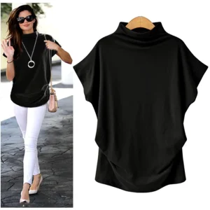 Soft Plus Size Women’s High-Neck Top Short-Sleeved T-Shirt Mock Neck Fitted T-Shirt Half Turtleneck T-Shirt