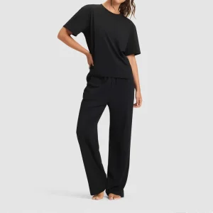 Soft Strech Bamboo Cotton Women Pajama Set Summer Sleepwear Pjs Loungewear Short Sleeve Tee & Pant Set