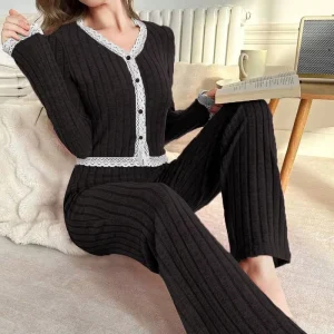 Soft Touch Elegant Casual Women’s Pajama Set Breathable Elastic Waist Long Sleeve Rib Knit Design Front Logo for Home Loungewear