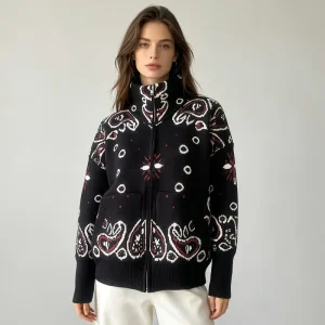 Soft Turtleneck Custom Autumn Jacquard Knit Sweater Zipper for Women Loose Fit Long Sleeves Knit Cardigan Sweater Coat