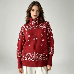 Soft Turtleneck Custom Autumn Women Loose Fit Long Sleeves Jacquard Knit Cardigan Zip Up Sweater Jacket Warm Winter