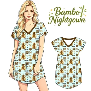 Soft Women Bamboo Nightgown Summer Breathable Short Sleeve V Neck Sleepwear Pajama Dress