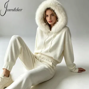 Soft Wool Knit Coat Pullover Real Fox Fur Hooded Two Pieces Long Pants Winter Custom Women Off Shoulder Sweater