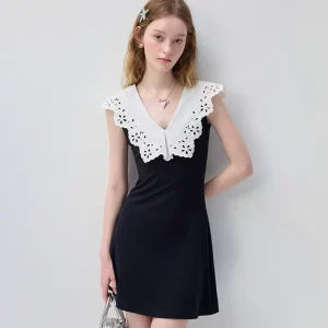 Solid Black Contrast White Hollow Eyelet Lapel Mini Dress V Neck Sleeveless Slim Fitted Bodice High Waist A Line