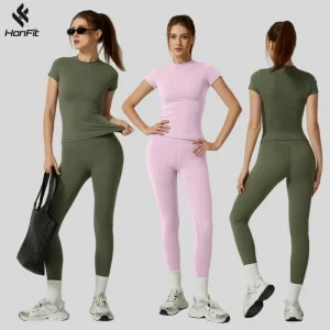 Solid Breathable Short Sleeve Shirts and Leggings 2 Piece Yoga Set for Women Sports Quick Dry Active Stretch