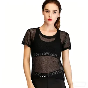 Solid Color Breathable Polyester Mesh Cover Up Short Sleeve Mandarin Collar Women Fitness Running Quick Dry Hole Design