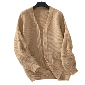 Solid Color Breathable Women’s Autumn Knit Cardigan with Pocket Casual Loose Long Sleeve 100% Polyester Sweater Coat