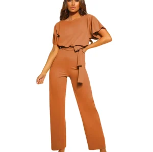Solid Color Casual Belted Wide leg Romper Loose Jumpsuit Set Rompers Women Jumpsuit