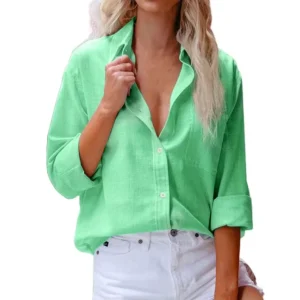 Solid Color Casual Loose Long Sleeve Linen Shirt Woman