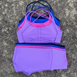 Solid Color Fitness Suit High Waist Short Legging Cross Back Sports Bra Women 2 Piece Athletic Gym Yoga Short Set