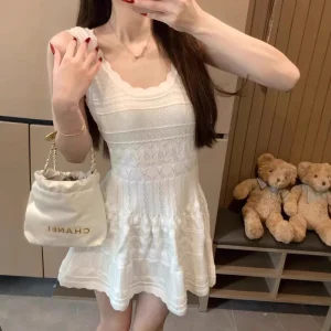 Solid Color Hollow Out Knitted Bodycon Princess Camisole Dress Women’s Spring Summer Petite Figure Hugging Slimming Short Sleeve