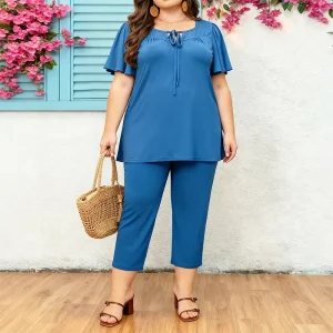 Solid Color Plus Size Women’s Daily Wear Knit Two Pieces Set Short sleeved Loose Top Three quarter Length Pants Comfortable