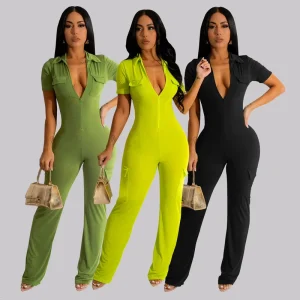 Solid Color Pocket Jumpsuit Women Full Length Short Sleeves Summer Jumpsuits for Women Jumpsuit Pants Ladies