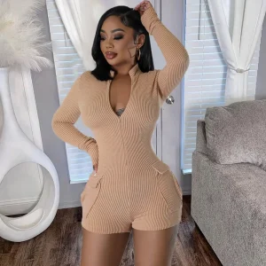 Solid Color Pocket Zipper Jumpsuit Women Rompers Women Jumpsuit Romper Shorts Women