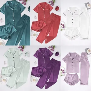Solid Color Satin Breathable Women’s Loungewear Set Lapel Short sleeve Cardigan Long Pants Elastic Waist Glossy French style