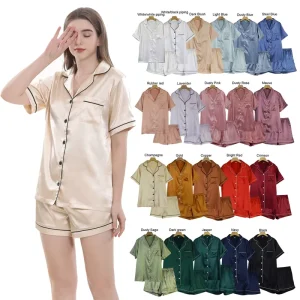 Solid Color Short Sleeved Women’s Pyjamas Summer Sleepwear With Shorts Trim Silk Satin Pajamas Sets Plain Printing