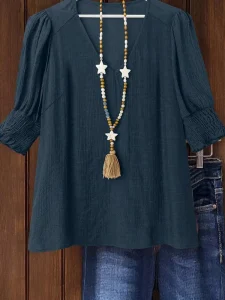 Solid Color V Neck Puff Sleeve Blouse Smocked Cuff Elegant Casual Tops Loose Fit Women’s Office Workwear Shirts