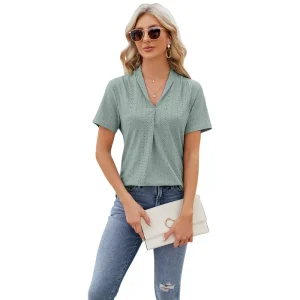Solid Color Women’s Loose Fit Turn-Down Collar Short Sleeve Jacquard T-Shirts with Hole Detail All Sizes Available