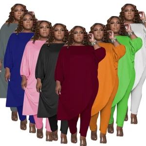 Solid Color Women’s Plus Size Clothes Leisure Wear Inclined Shoulder Short Sleeve With Pants 2 Piece Woman Plus Size Sets