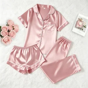 Solid Color Women’s Three Piece Pajama Set Casual Satin Loungewear