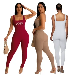 Solid Colour Sleeveless Vest Jumpsuit Threaded Square Neck Backless Hip Slim Fit Jumpsuit Women’s Clothing