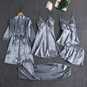 Solid Milk Silk Women Kimono Gown Sexy Strap Nighty Adult Summer Robe Sets 5PCS Cardigan Nightgown Bride Bathrobe Lace Pyjamas